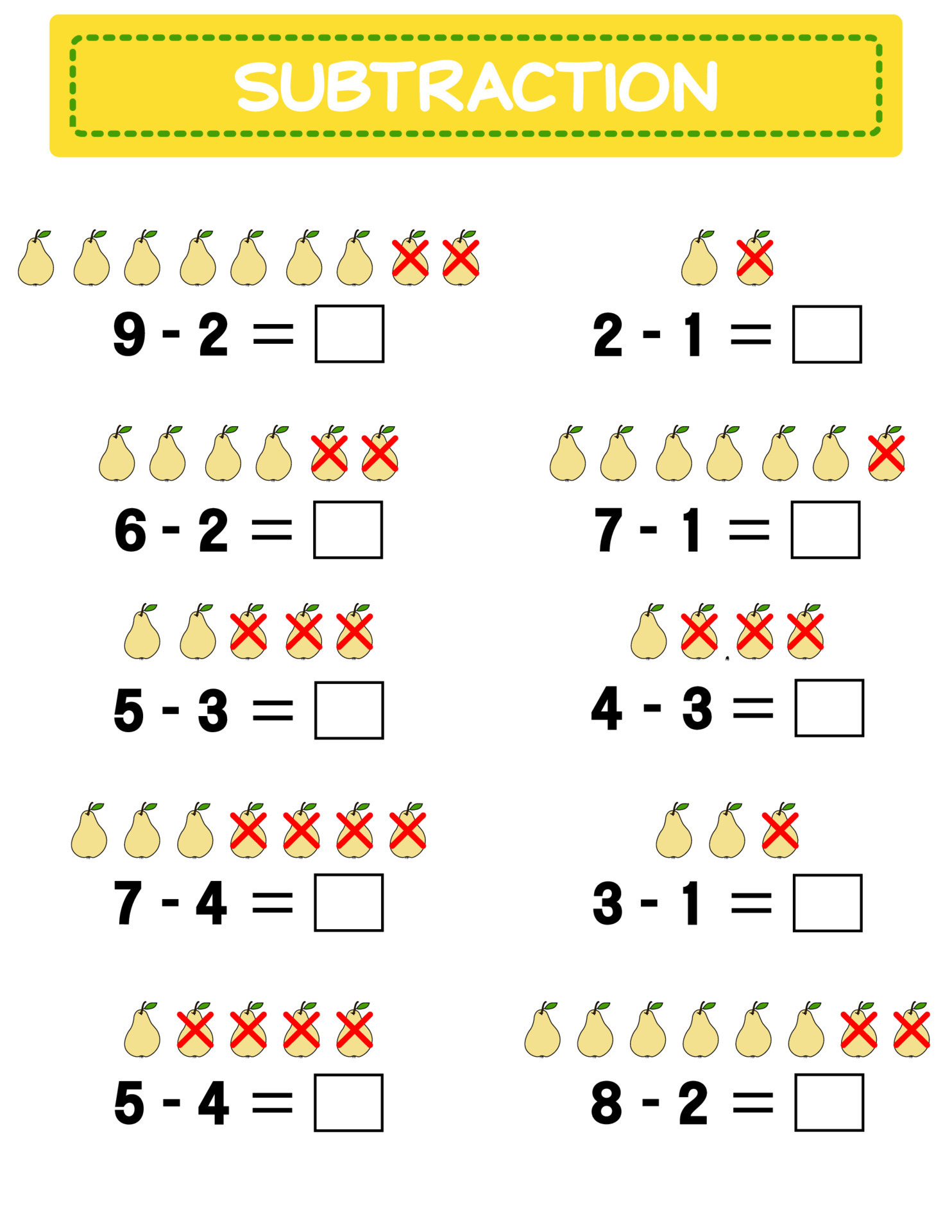 Subtraction. Math worksheet for kids. Developing numeracy skills. Solve ...