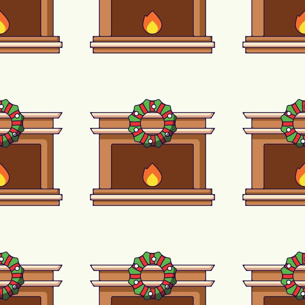 Seamless vector pattern of cartoon Christmas fireplace on light beige background for Christmas wrappers, postcards, textile, clothing etc. Christmas, New Year and holiday concept