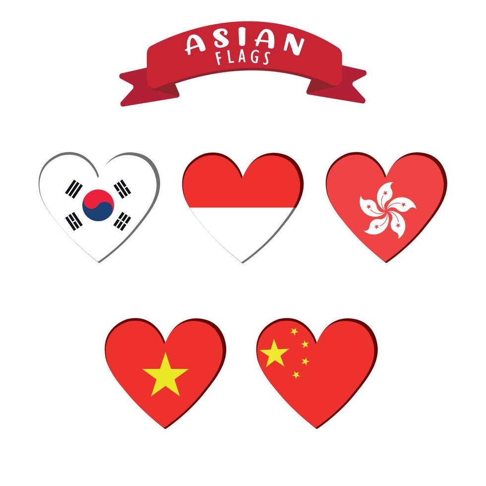 conjunto de formas de corazón con diferentes banderas asiáticas ilustración vectorial vector