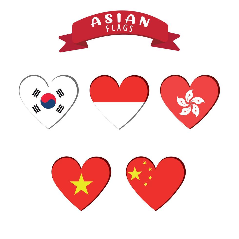 Set of heart shapes with different asian flags Vector illustration