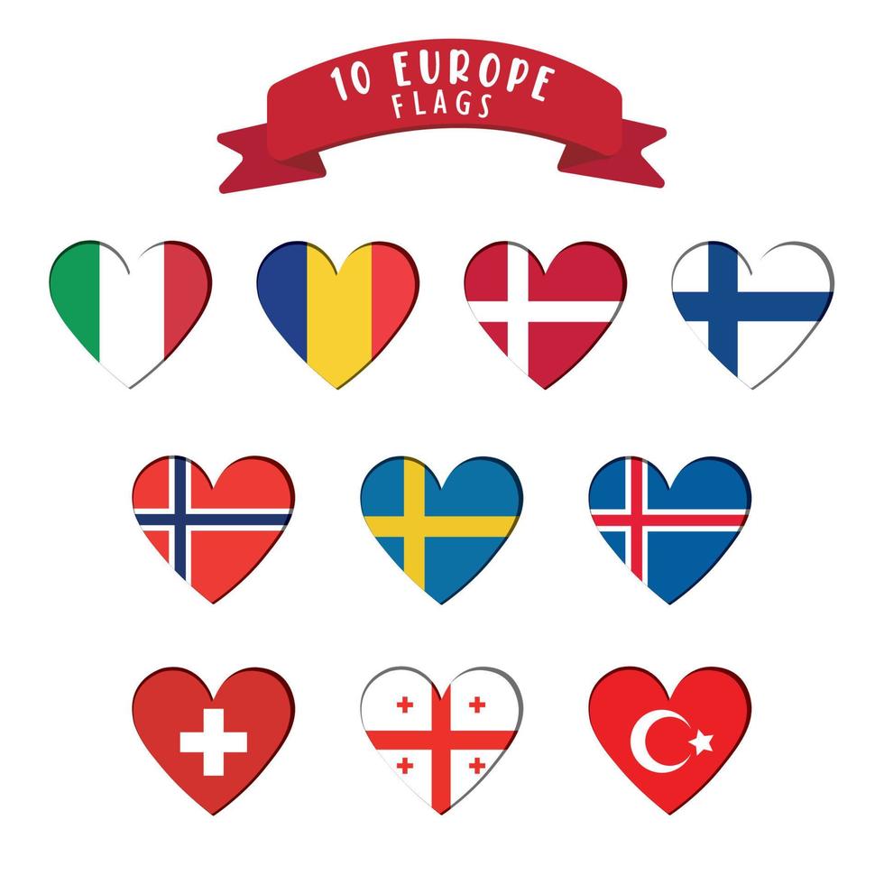 Set of heart shapes with different european flags Vector illustration