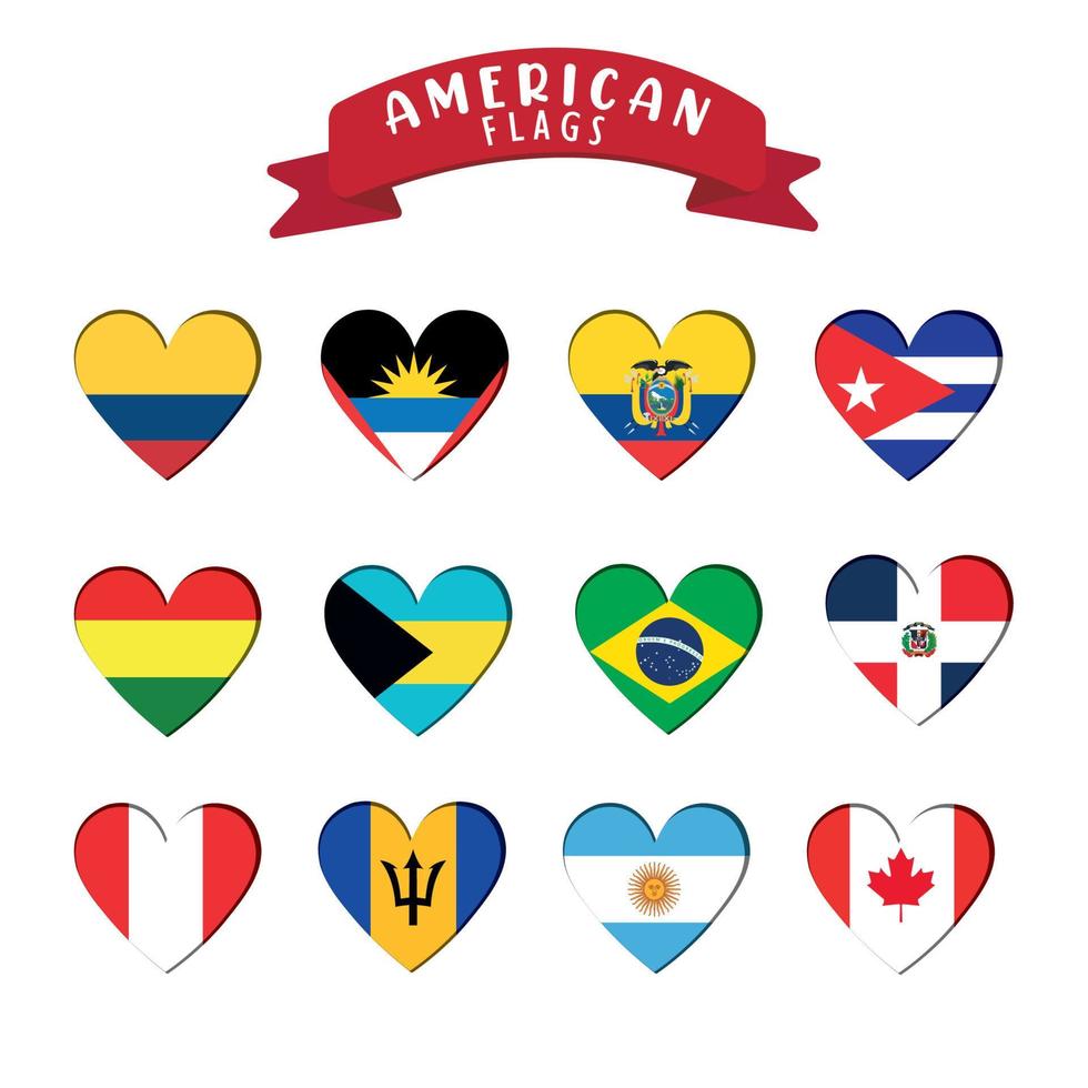 Set of heart shapes with different flags Vector illustration