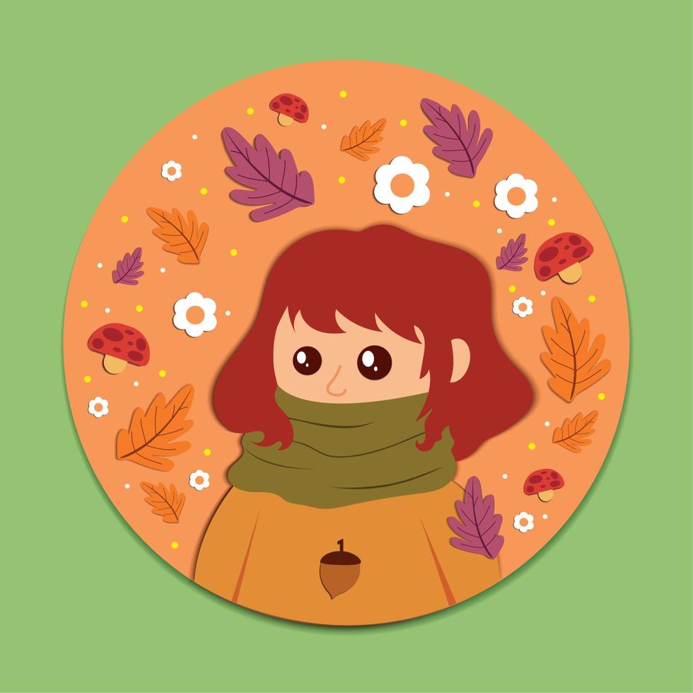 Cute girl surrounded by fall leaves Autumn paper art Vector illustration