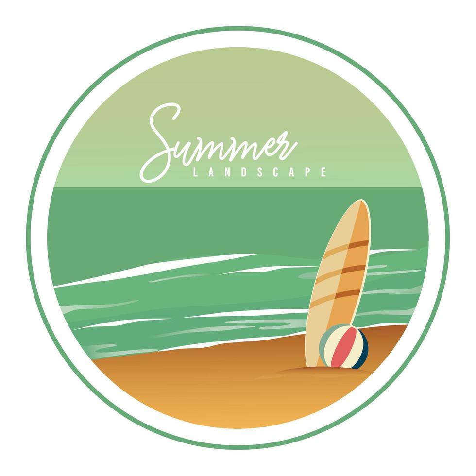 Colored badge with a surfboard beach ball and a beach scenary view Vector illustration
