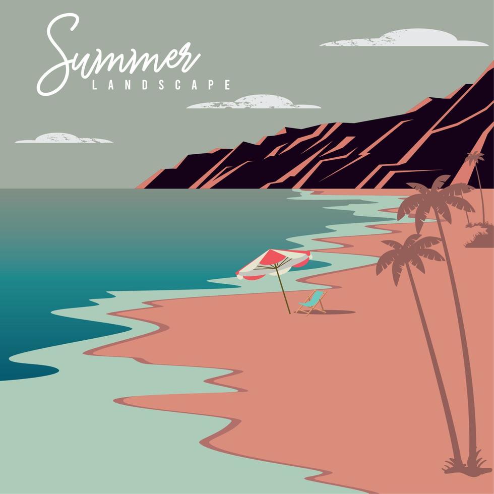 vista de paisaje de viaje de playa de verano con palmeras y una ilustración de vector de paraguas