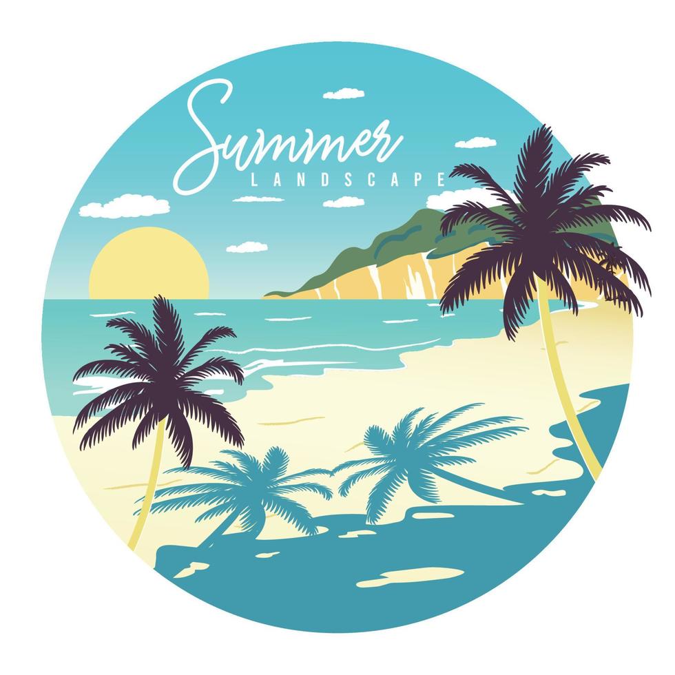 Colored summer landscape with palm trees on a badge Vector illustration