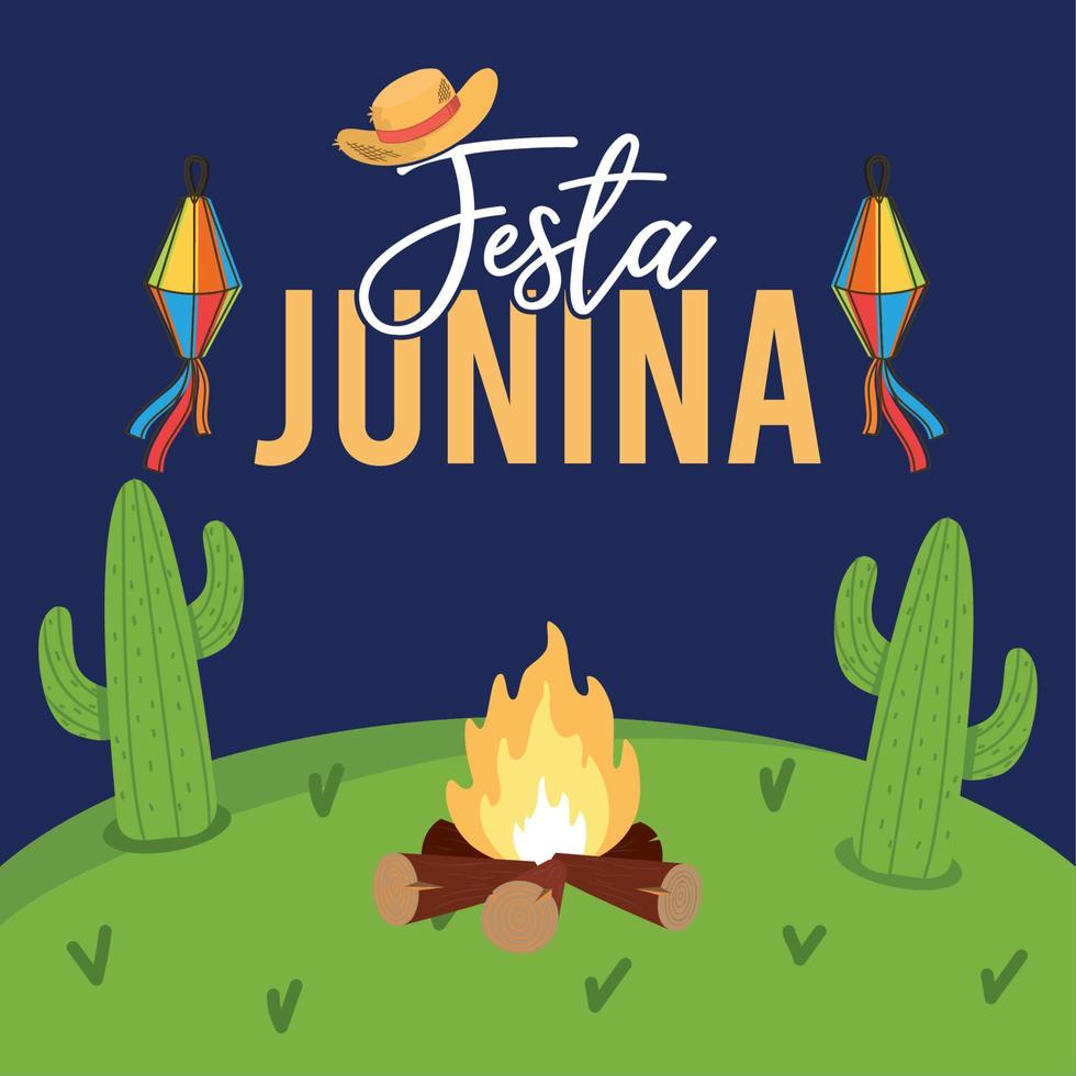 Campfire with cactus and text Festa Junina Poster Vector illustration