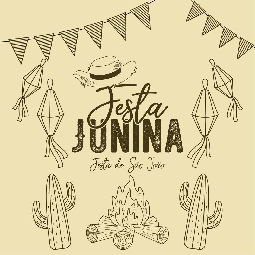 cartel con bocetos de cactus y fogata festa junina plantilla vector ilustración