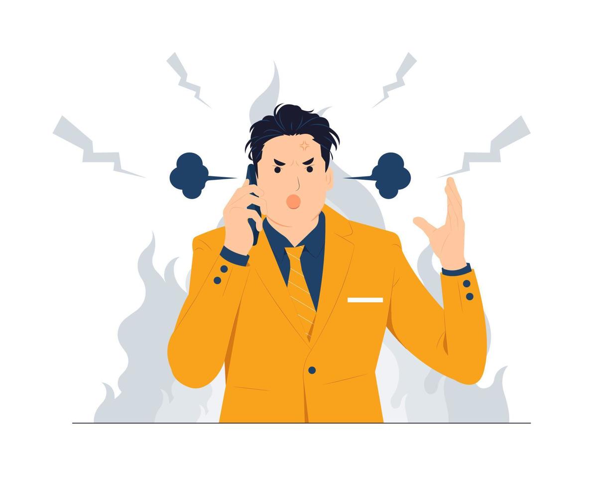 Angry Business man screaming on the phone with brain explosion, stressed work, mad, upset,frustrated concept illustration vector