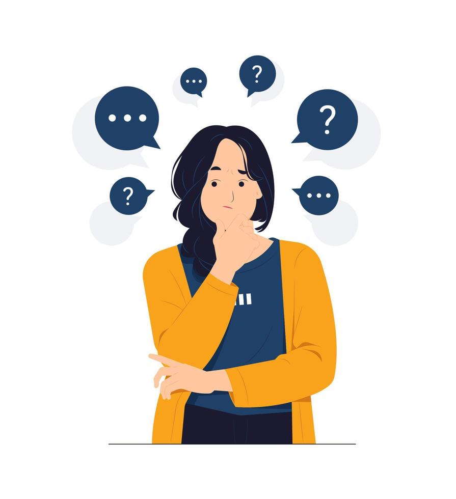 Thinking woman asking questions, feeling confused looking up with thoughtful focused expression, guess and doubt concept illustration vector