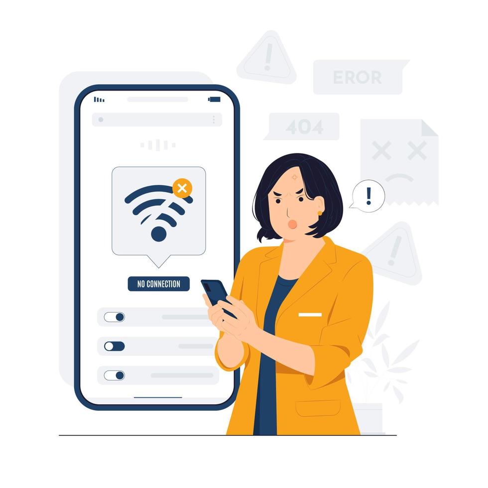 Internet disconnection with Unhappy young woman looking at the phone, feeling angry about bad device work, lost data. Anxious male user dissatisfied with service concept illustration vector