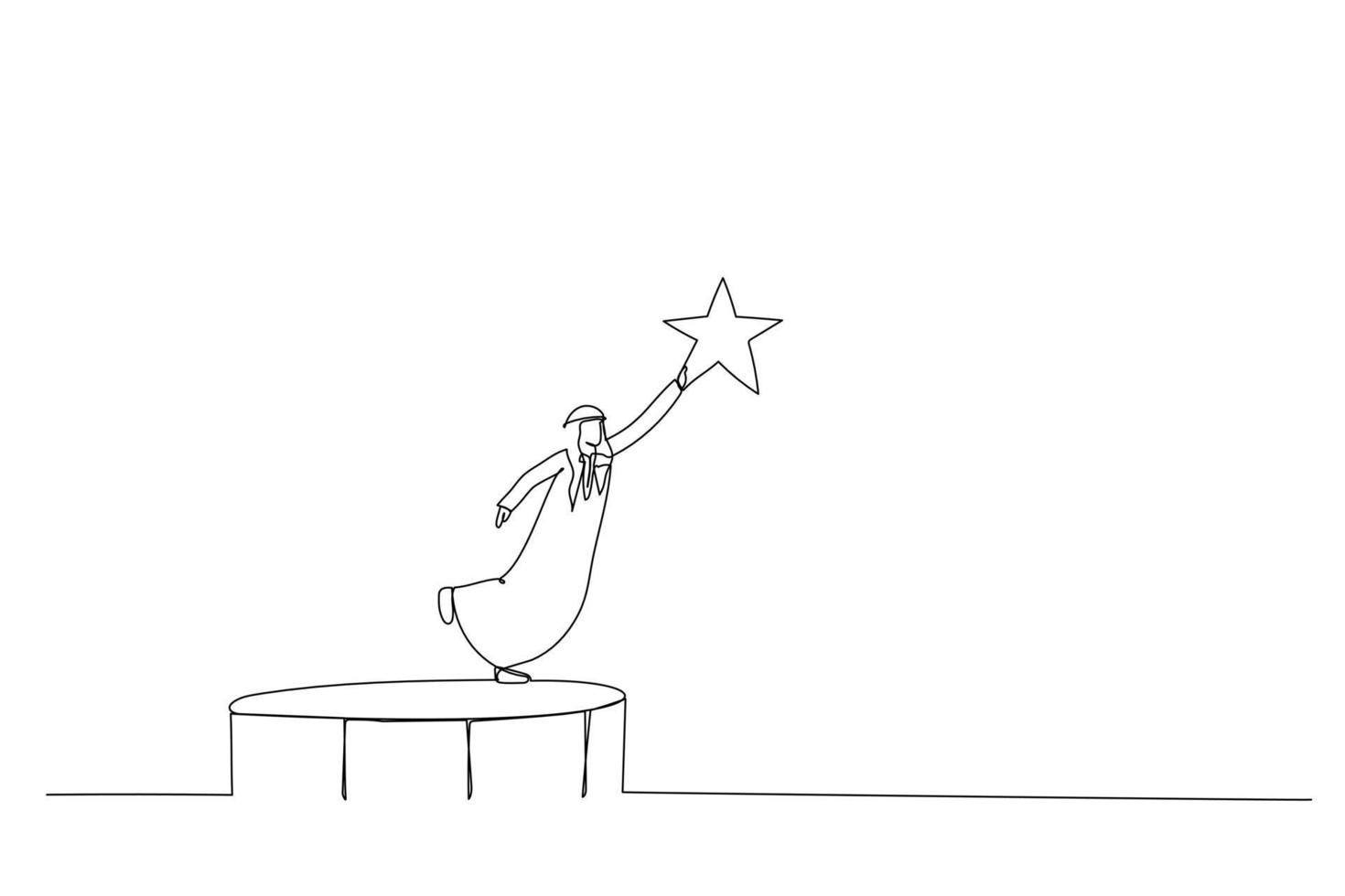 Illustration of arab businessman bounce on trampoline jump flying high to grab star. Metaphor for achievement. Continuous line art style vector