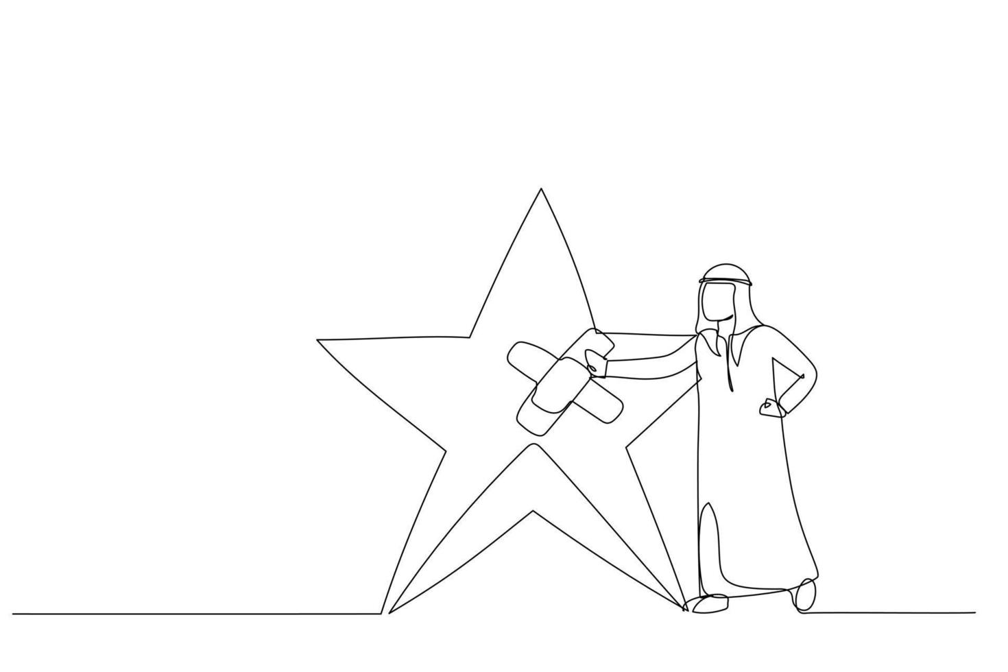 Drawing of arab businessman fix broken rating star with bandage. Metaphor for reputation management. Single continuous line art style vector