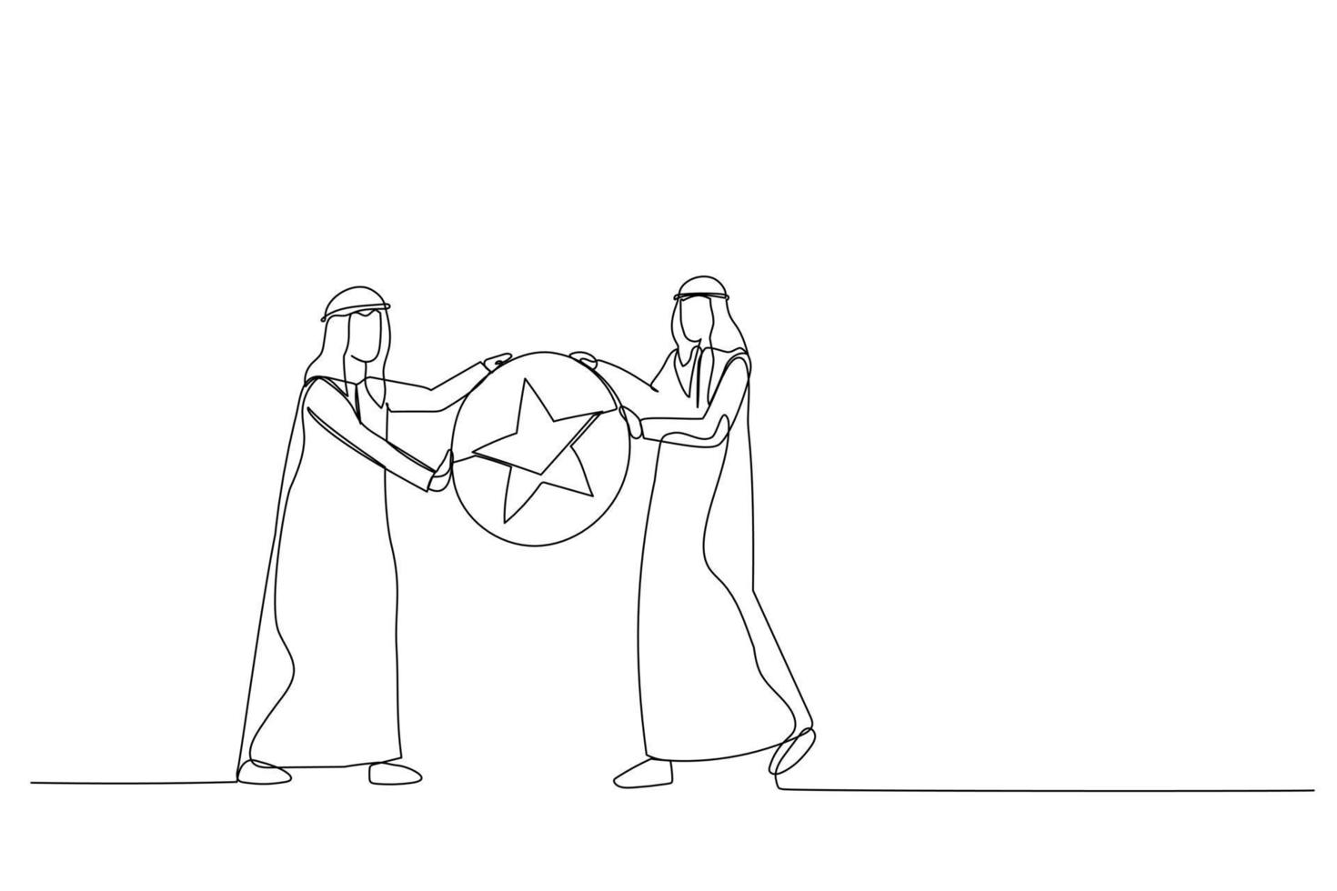 Cartoon of arab businessman boss giving golden star badge to winning employee. Metaphor for recognition. Single line art style vector