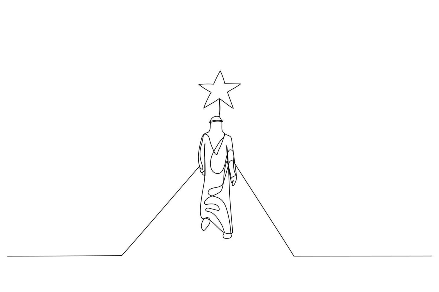 Drawing of arab businessman walks on the boundless road to the bright star. Single line art style vector