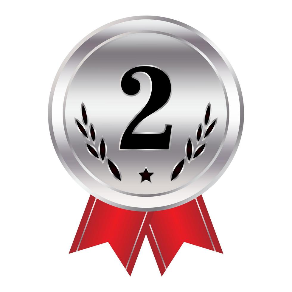 Silver medal with red ribbon second place, Vector 3D badge with silver gradation realistic style