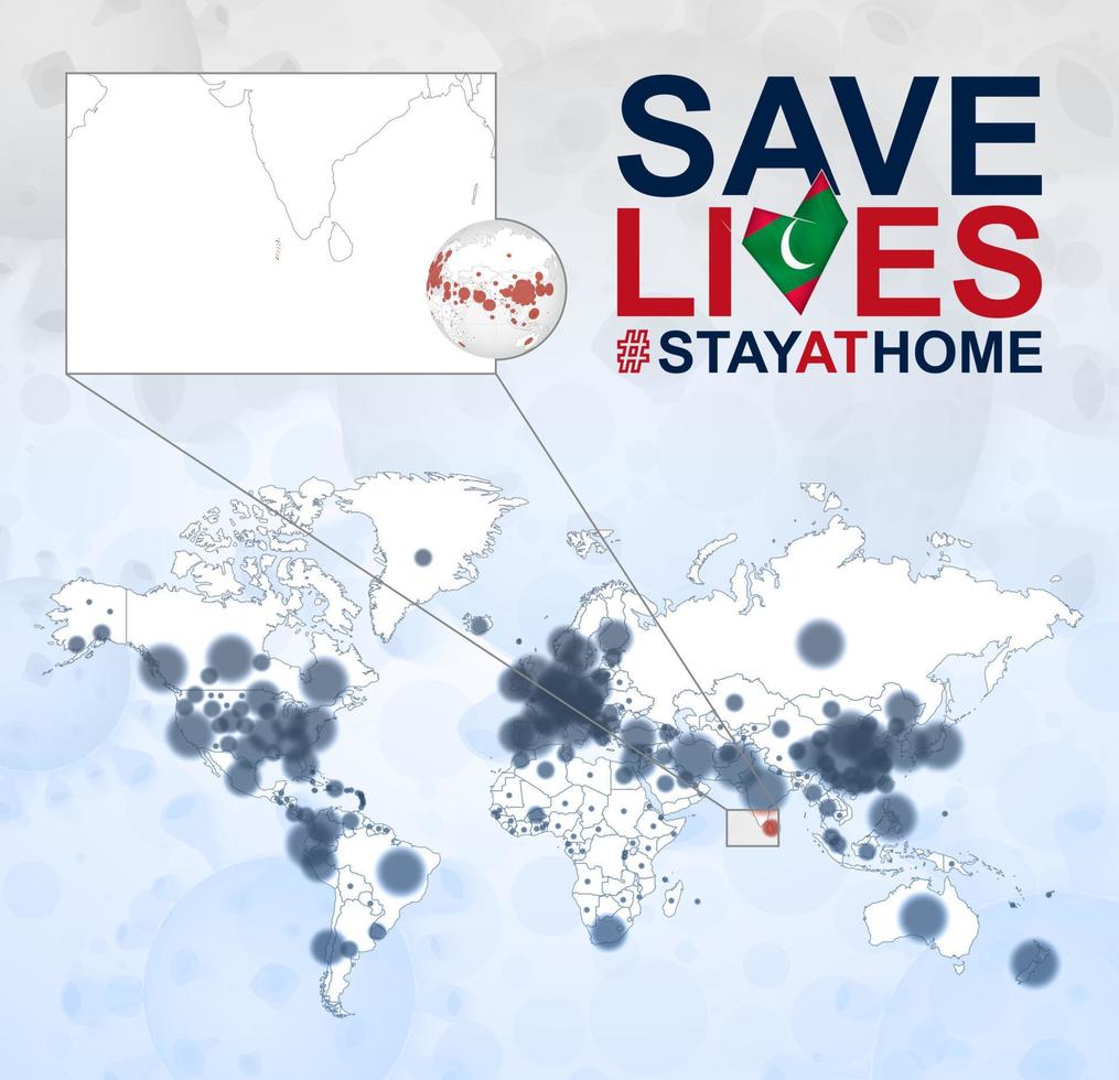 mapa mundial con casos de coronavirus enfocados en maldivas, enfermedad covid-19 en maldivas. el eslogan salva vidas con la bandera de Maldivas. vector