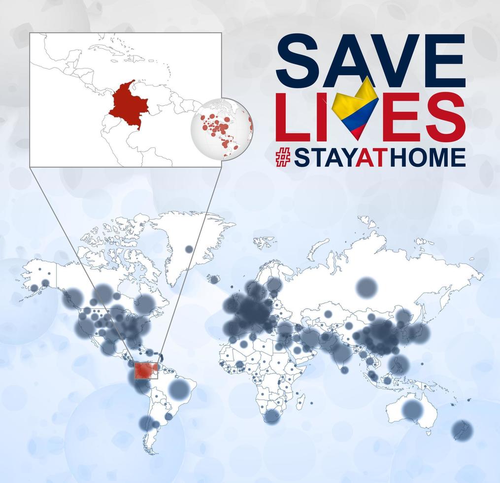 mapa mundial con casos de coronavirus enfocados en colombia, enfermedad covid-19 en colombia. eslogan salvar vidas con la bandera de colombia. vector