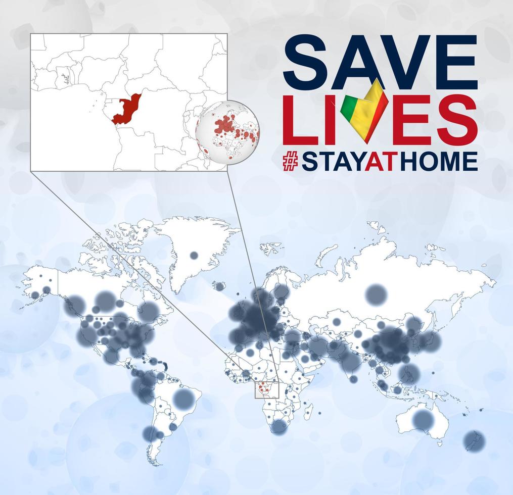 World Map with cases of Coronavirus focus on Congo, COVID-19 disease in Congo. Slogan Save Lives with flag of Congo. vector