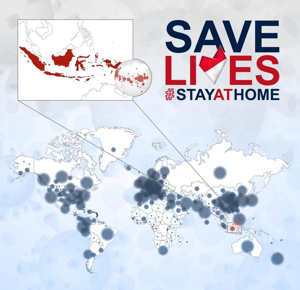 World Map with cases of Coronavirus focus on Indonesia, COVID-19 disease in Indonesia. Slogan Save Lives with flag of Indonesia. vector