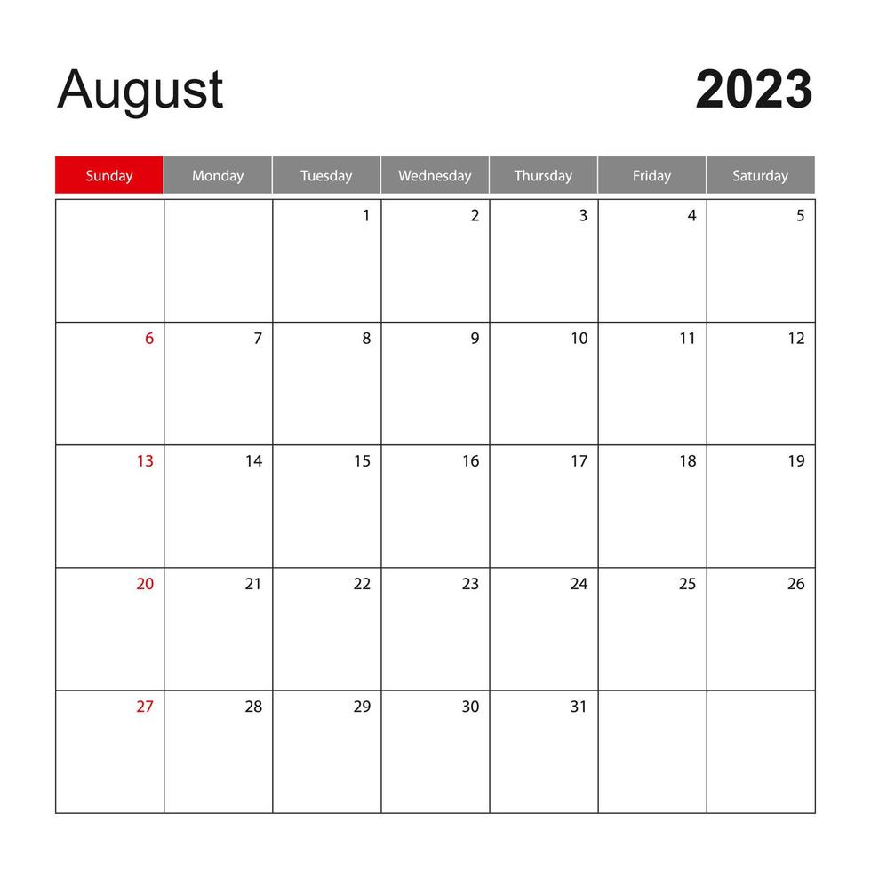 Wall calendar template for August 2023. Holiday and event planner, week starts on Sunday. vector
