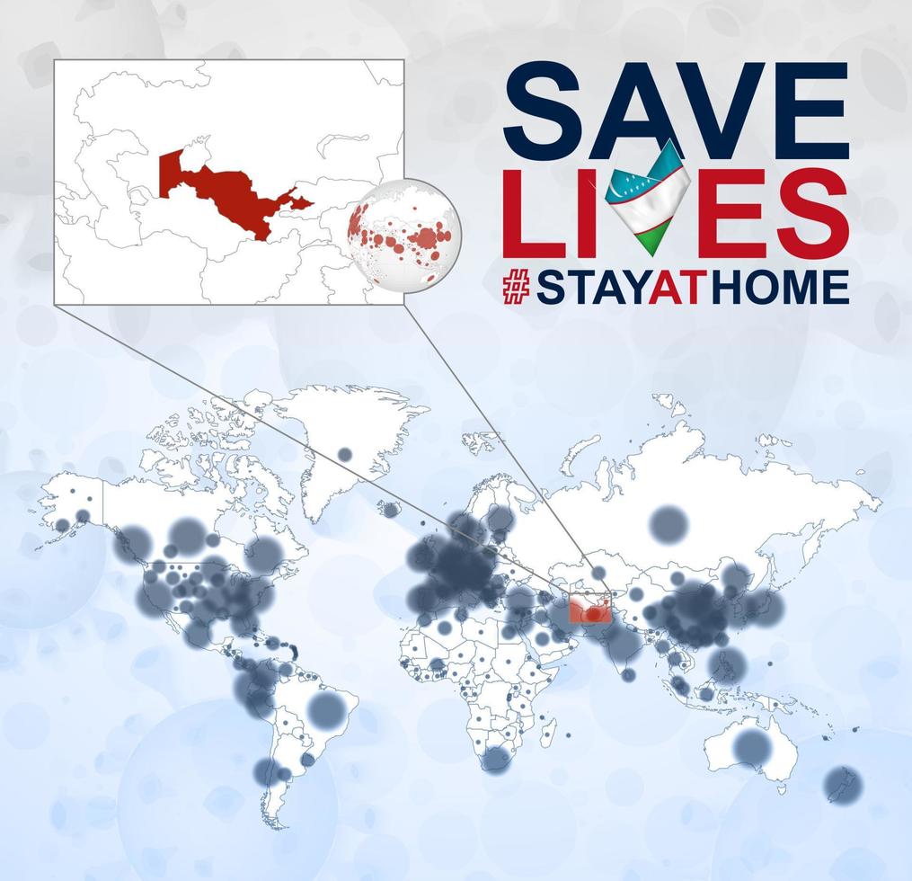 World Map with cases of Coronavirus focus on Uzbekistan, COVID-19 disease in Uzbekistan. Slogan Save Lives with flag of Uzbekistan. vector