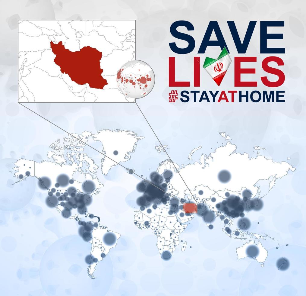 mapa mundial con casos de coronavirus enfocados en irán, enfermedad covid-19 en irán. el eslogan salva vidas con la bandera de Irán. vector