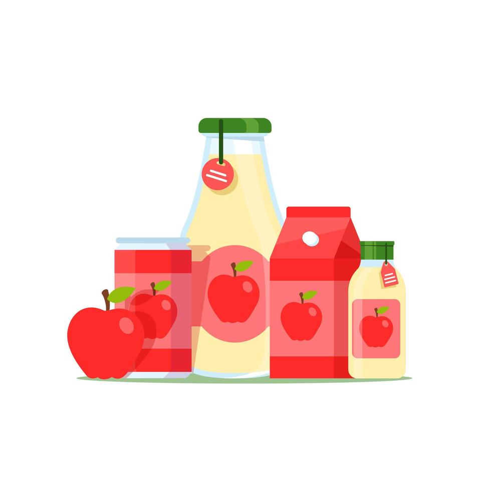 bebida de manzana roja en lata, vaso de plástico y vaso de vidrio aislado en fondo blanco, jugo y batido vector