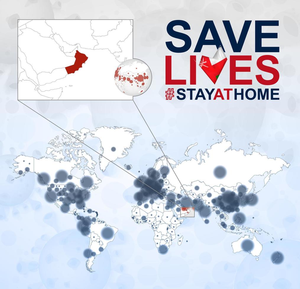 World Map with cases of Coronavirus focus on Oman, COVID-19 disease in Oman. Slogan Save Lives with flag of Oman. vector