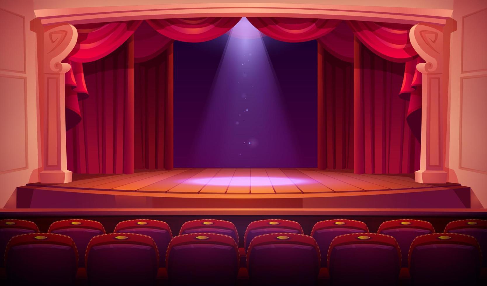 Theater empty stage with red curtains, spotlights vector