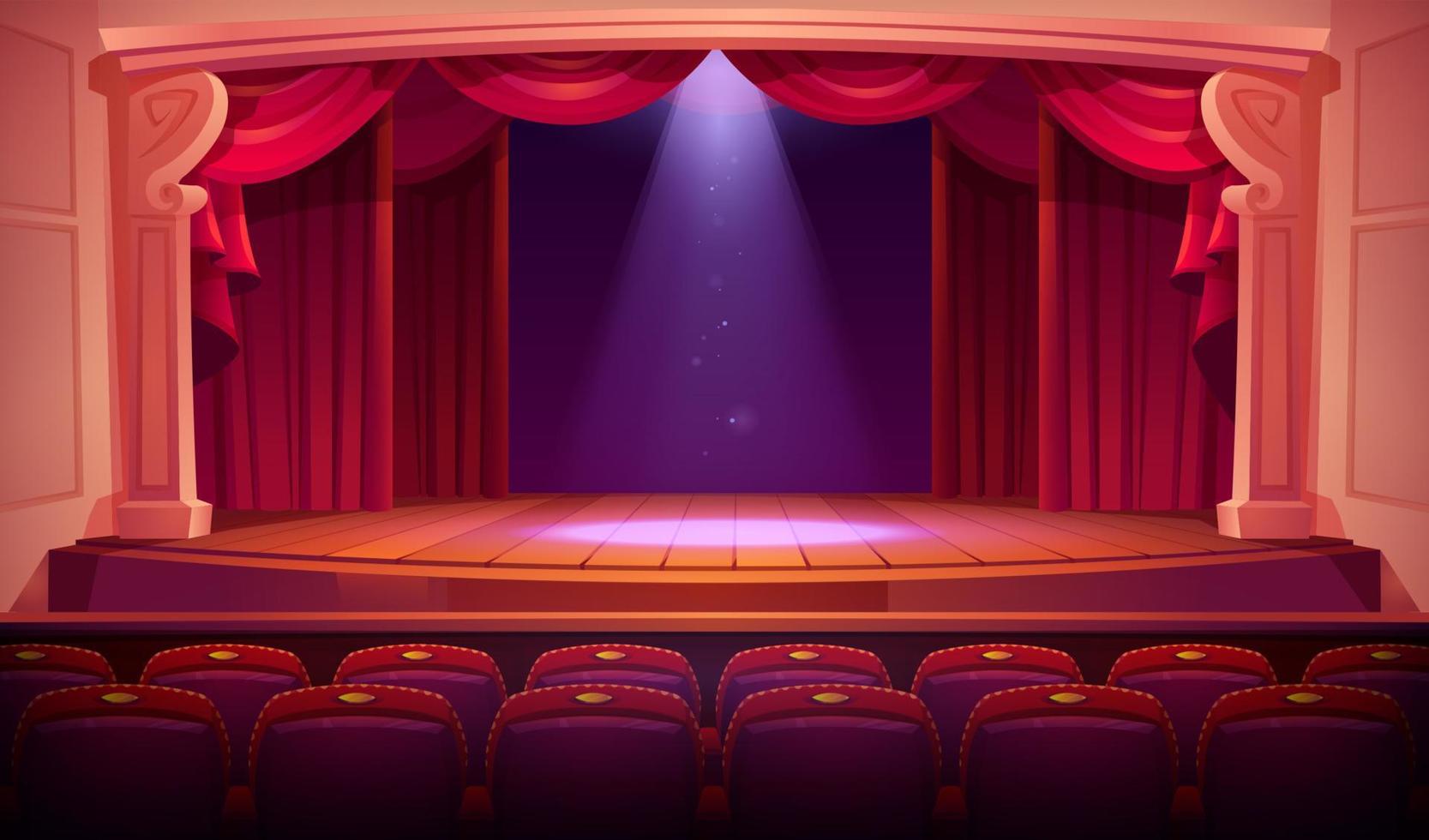 Theater empty stage with red curtains, spotlights vector