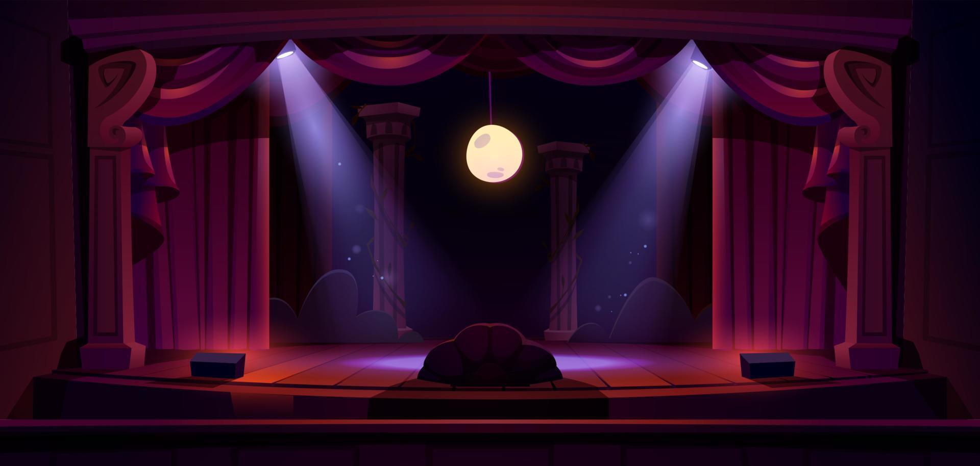 Theater stage with red curtains, spotlights, moon vector