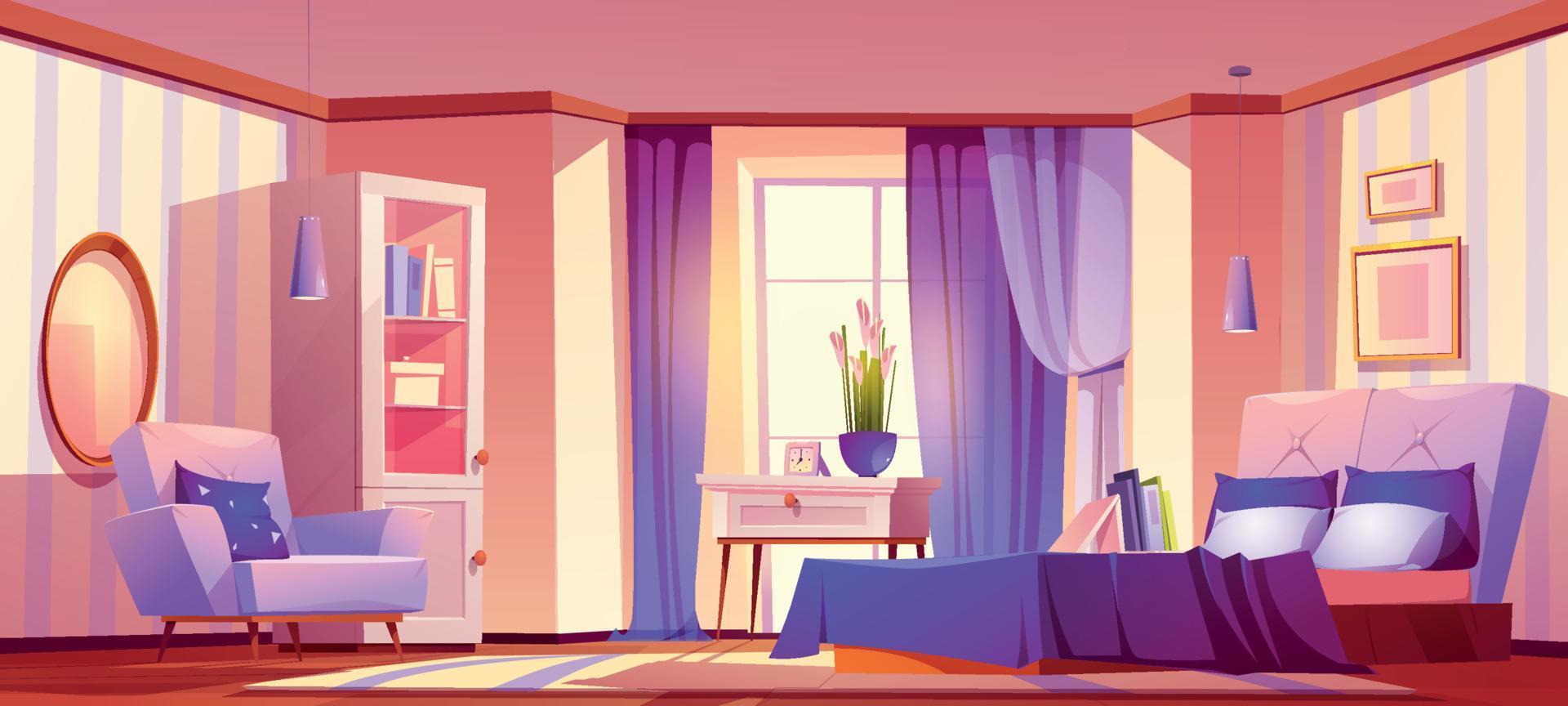Pink bedroom interior with purple decor empty room vector