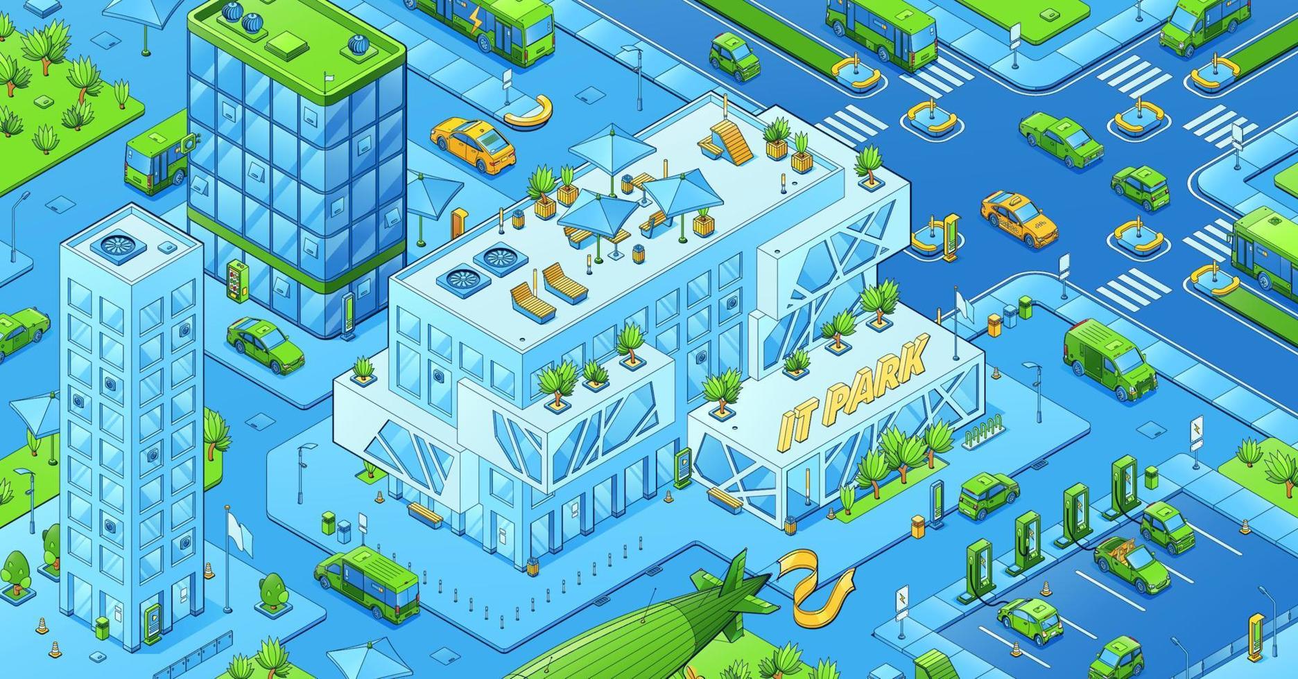 Isometric modern city with IT park vector