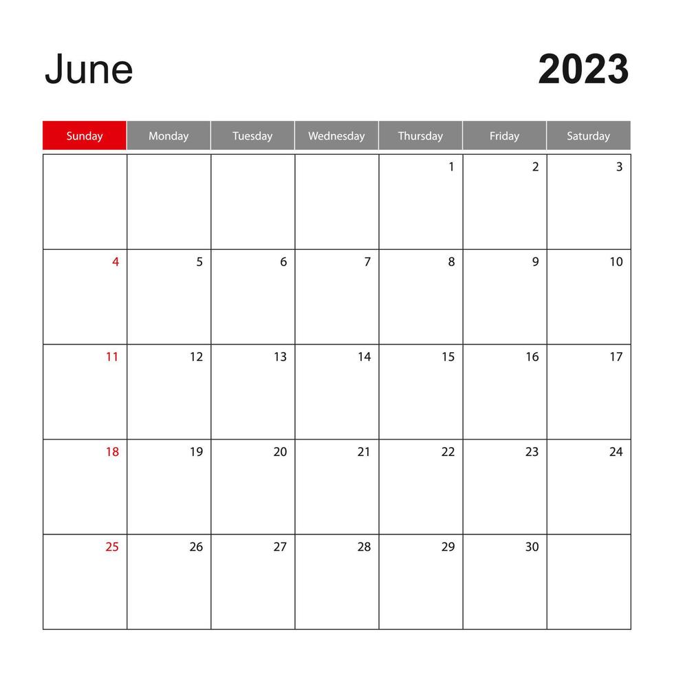 Wall calendar template for June 2023. Holiday and event planner, week starts on Sunday. vector