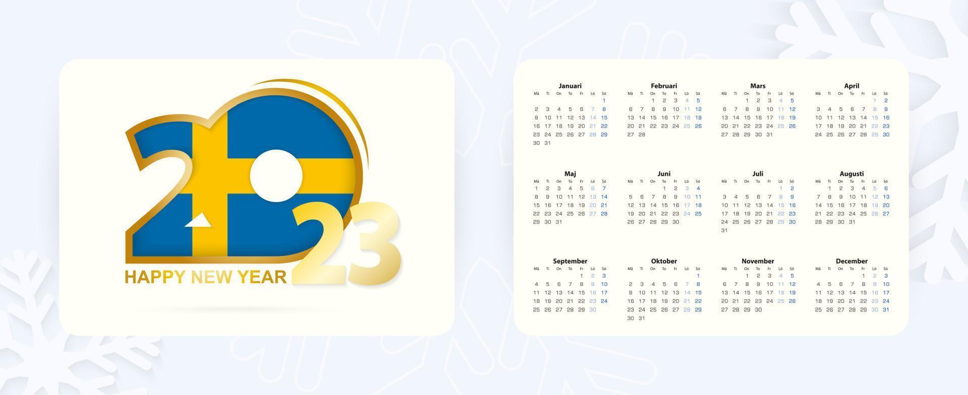 Horizontal Pocket Calendar 2023 in Swedish language. New Year 2023 icon with flag of Sweden. vector