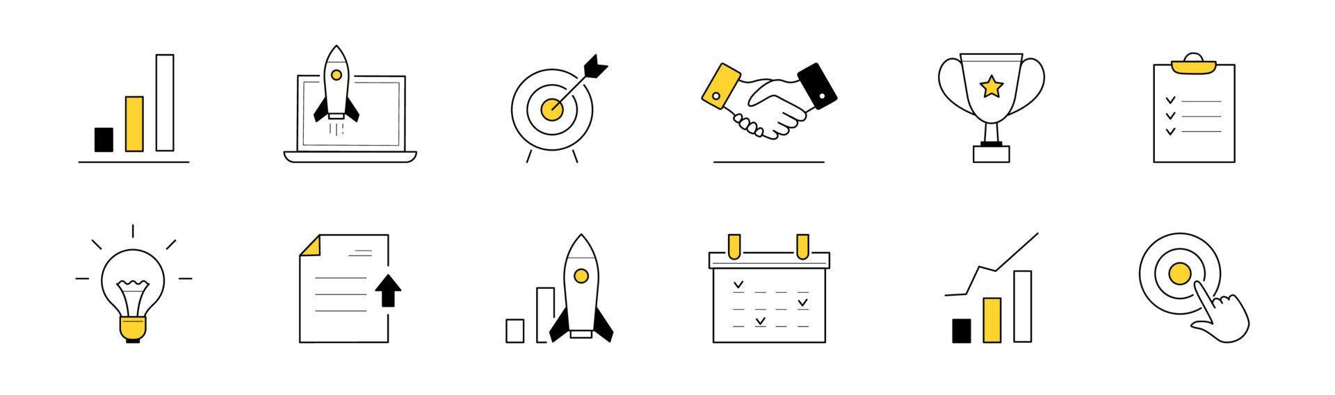 Doodle icons startup, project launch business idea vector