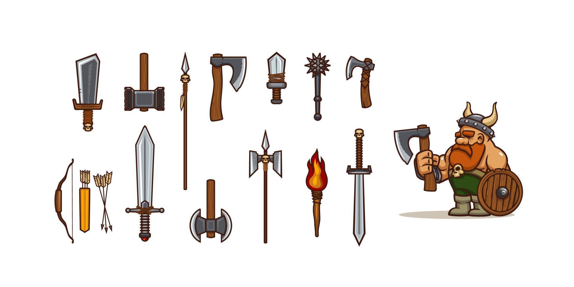 Cartoon viking and different types of weapon set vector