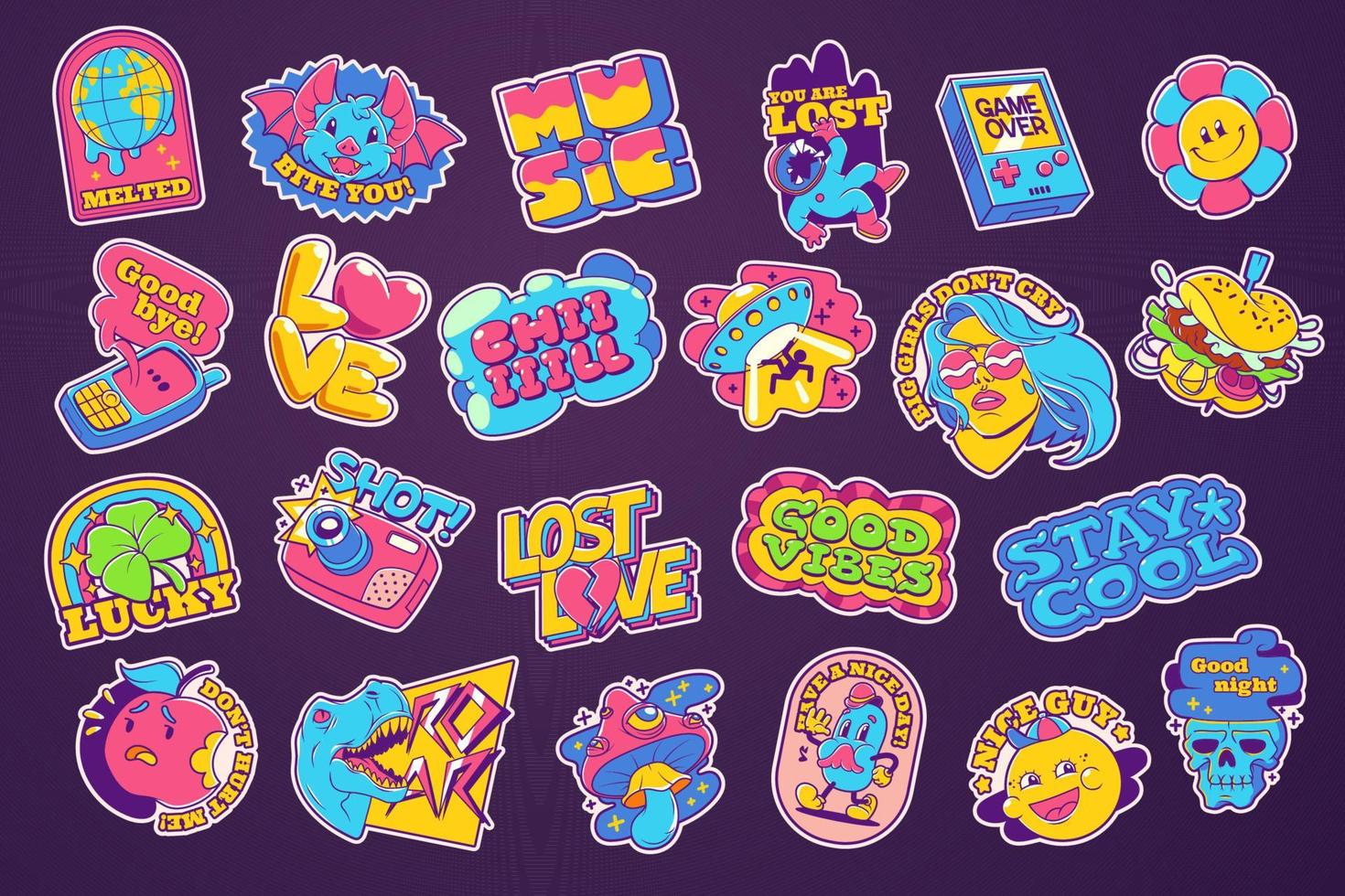 Trendy retro stickers and badges acid collection vector