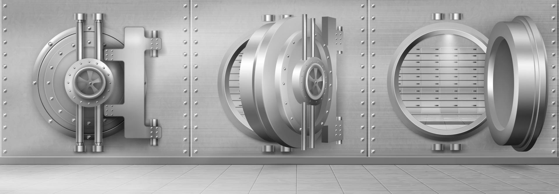 Bank vault with open and closed safe door vector