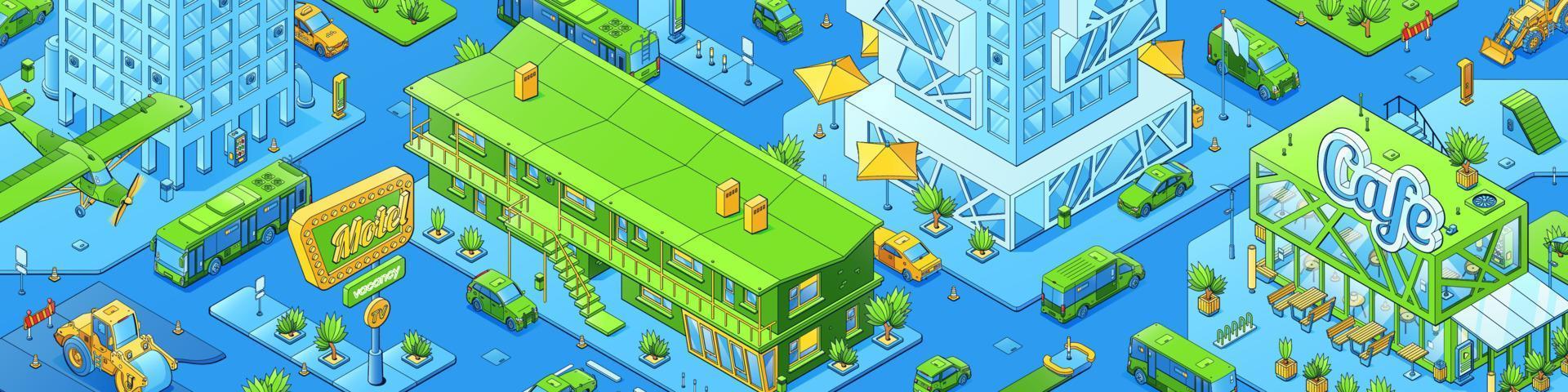Isometric cityscape with cafe and motel vector