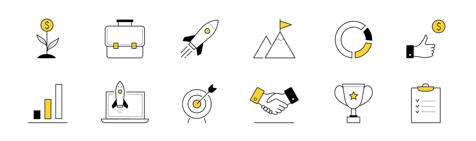Doodle icons startup, project launch business idea vector