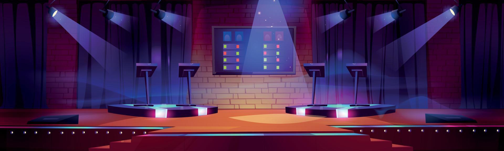Quiz game stage interior with stands, spotlights vector