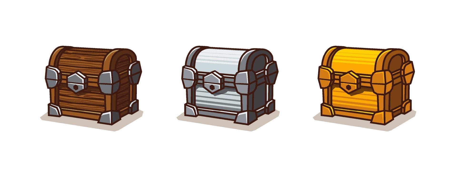 Game icons of treasure chests, closed trunks vector