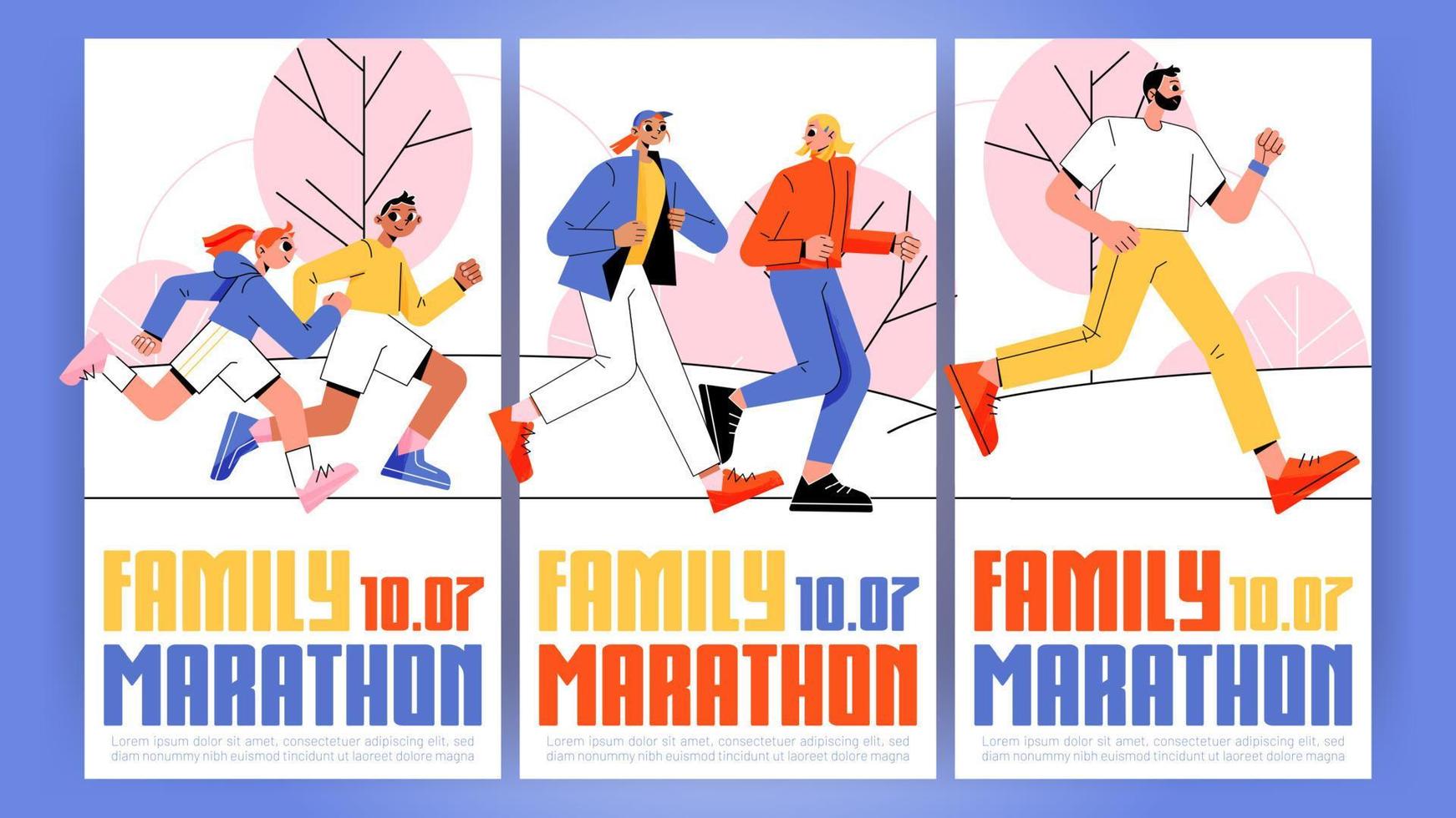 Family marathon ads banners, invitation, sport vector