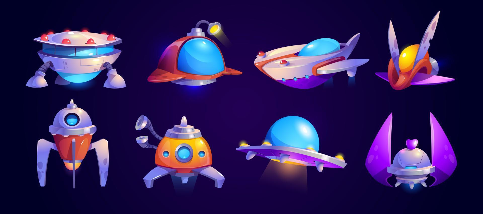 nave espacial alienígena, conjunto de vectores de iconos de juego ovni.