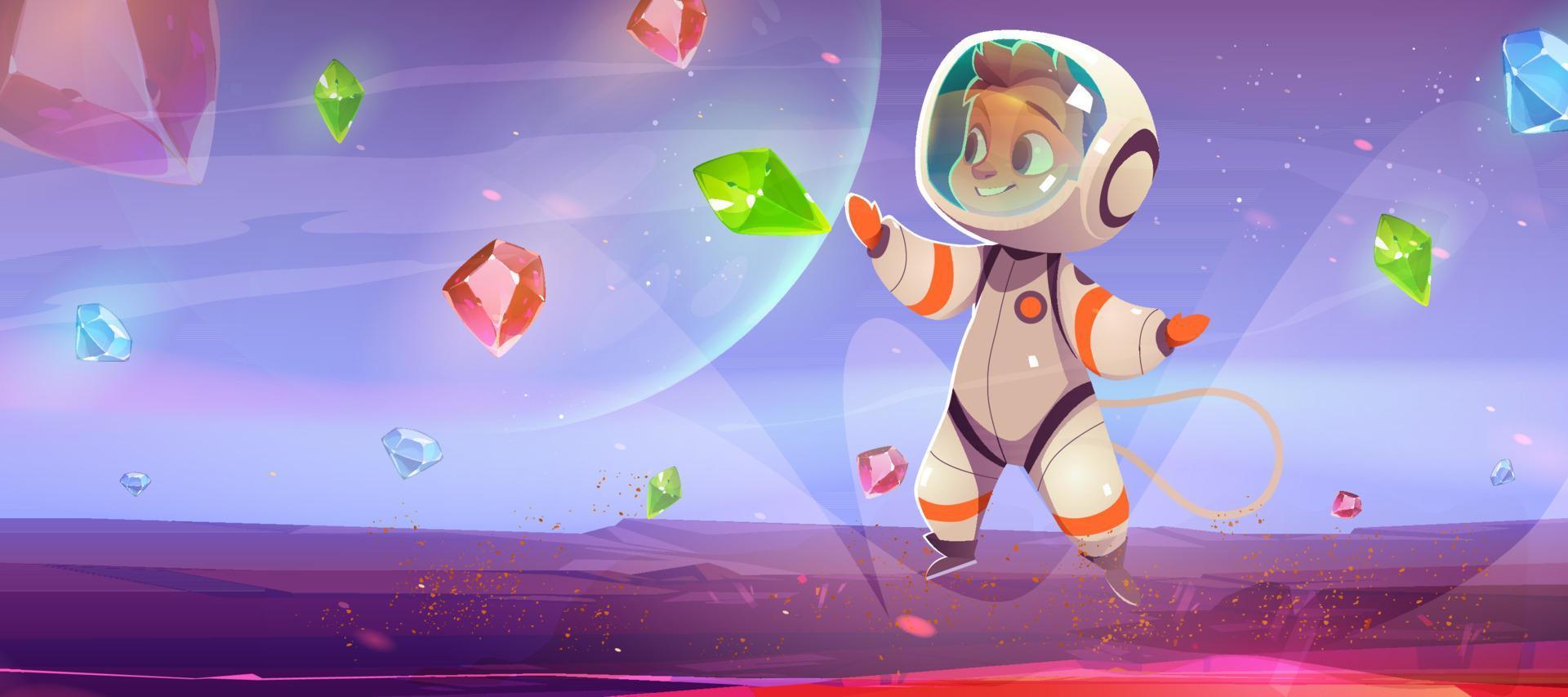 Cute astronaut on alien planet in space, cosmonaut vector