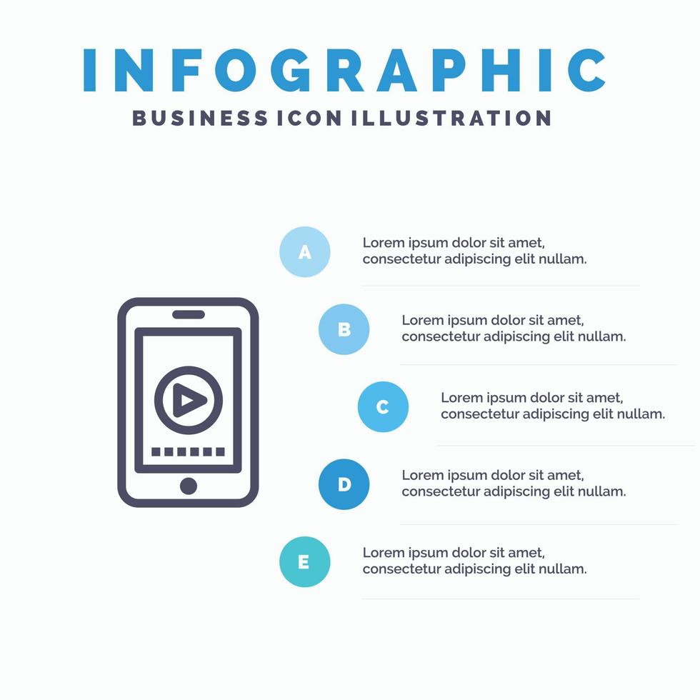 Phone Cell Play Video Blue Infographics Template 5 Steps Vector Line Icon template