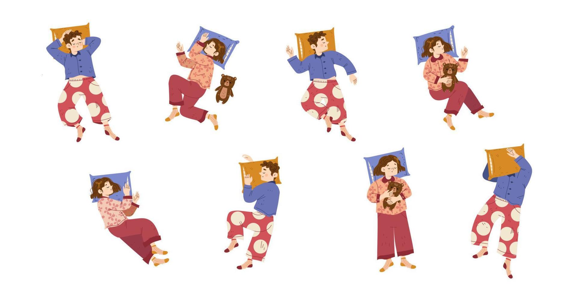 Children sleeping poses, kids wear pajama in bed vector