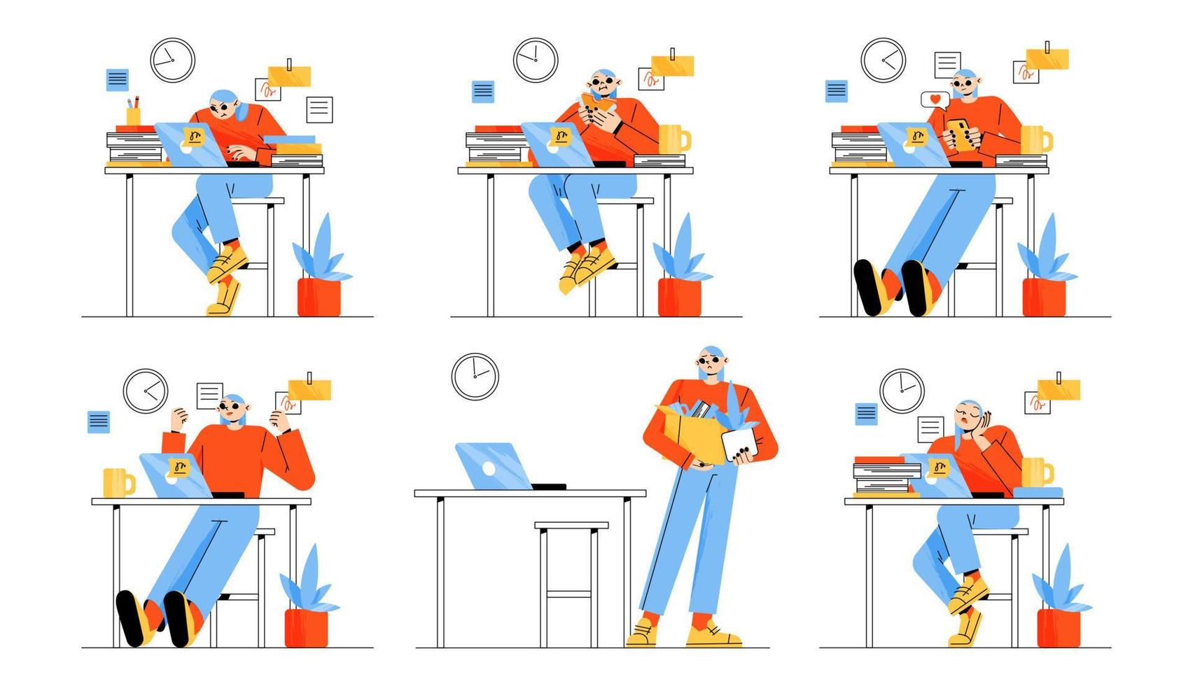 Office worker emotions, different activities set vector